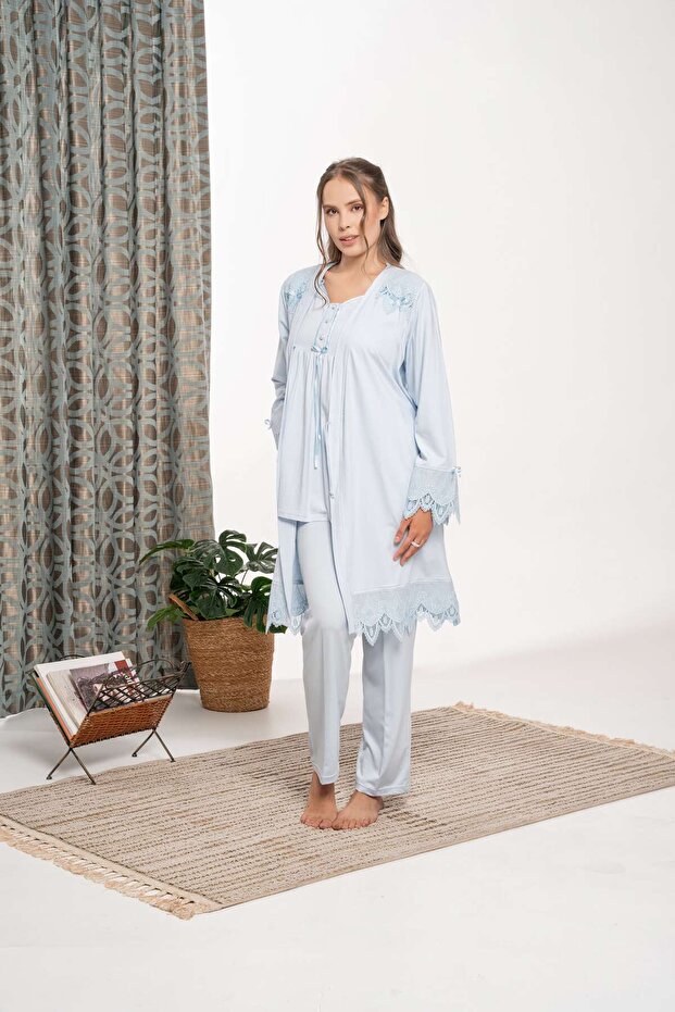 Women's Blue Lace Detailed Winter Special Design Maternity Pajama Set