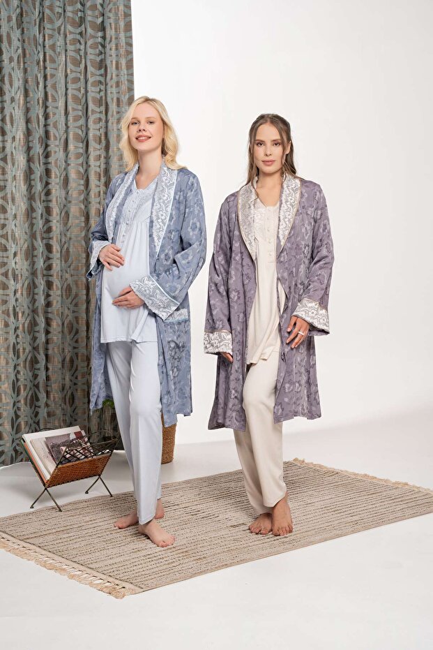 Women's Blue Jacquard Satin Shawl Collar Winter Special Design Maternity Pajama Set