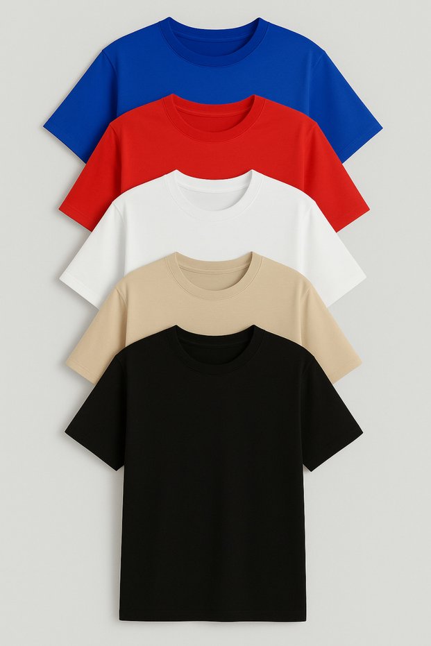 5Packred Beige Black White Blue Red Crew Neck Relaxed Fit Unisex Cotton T-Shirt