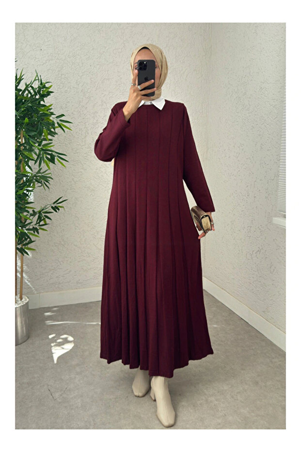 Piliseli Şeritli Triko Elbise - Bordo - 2