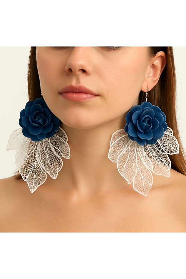 Denim Floral Lace Leaf Dangle Earrings – Navy/White, Hooked