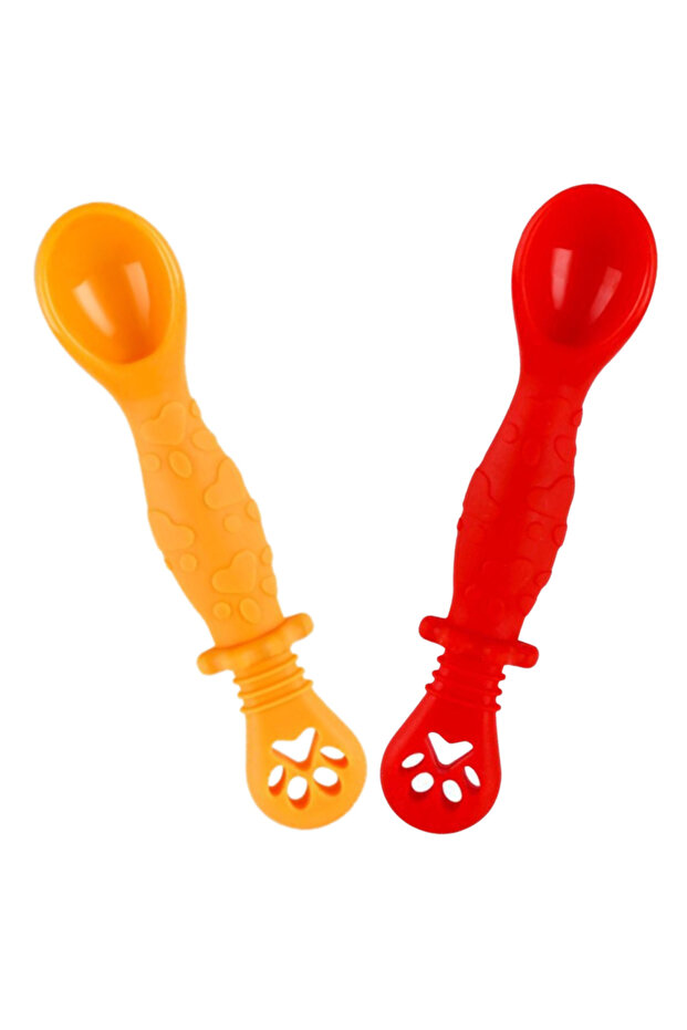 Set of 2 Baby Spoons for Feeding and Diversification, 2 Heads, Multicolored Green and Red - 1