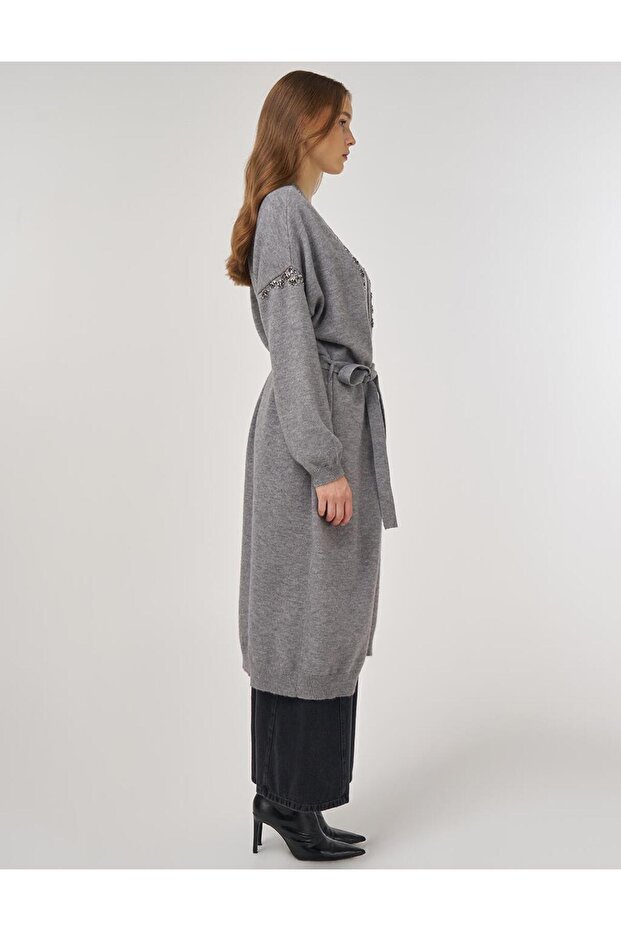 İşlemeli Triko Hırka Gri - 6