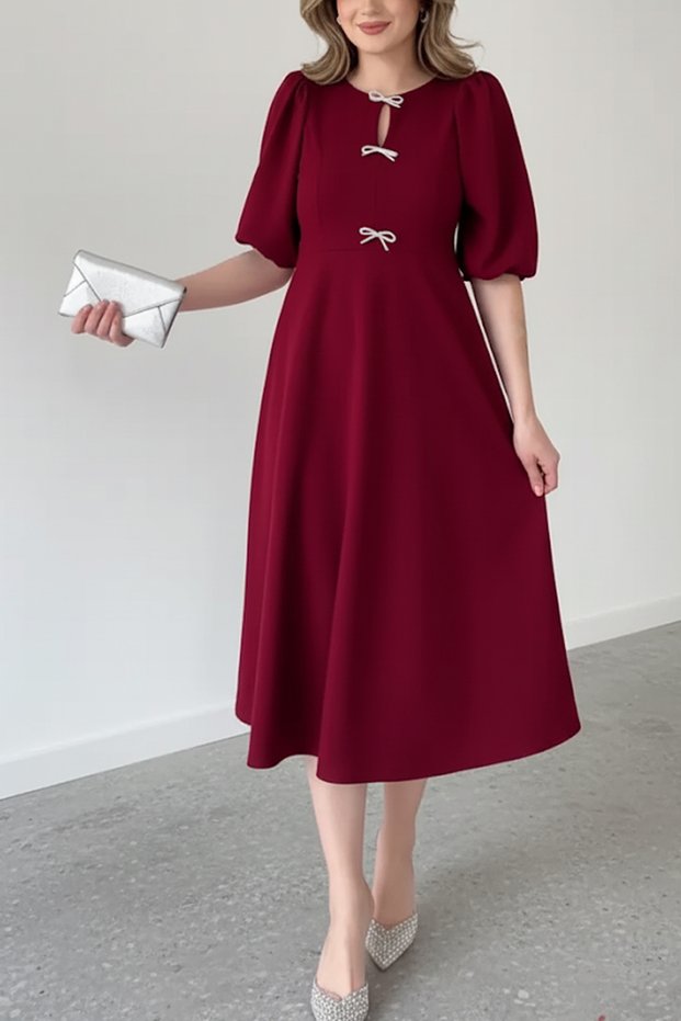 Balloon Sleeve Drop Neck Bow Midi Length Crepe Burgundy Dress