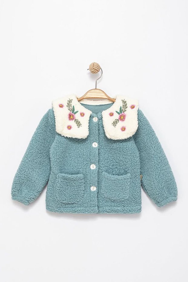 My Little One's Cardigan with Lamb Collar and Floral Embroidery Detail for Girls - Green
