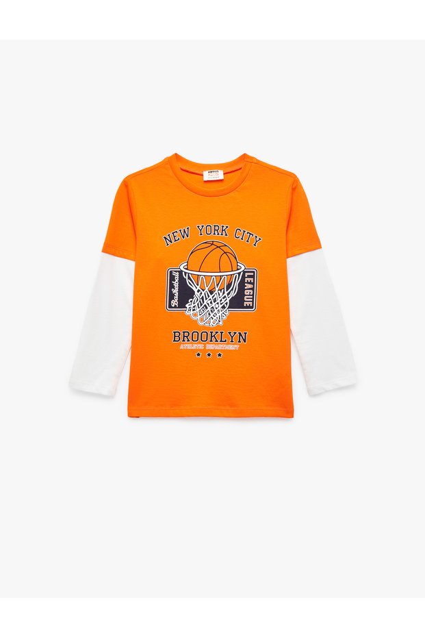 Long Sleeve Crew Neck Basketball Printed Cotton T-Shirt