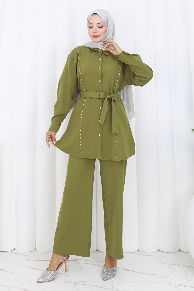 Pearl Belted Double Suit Khaki 19265