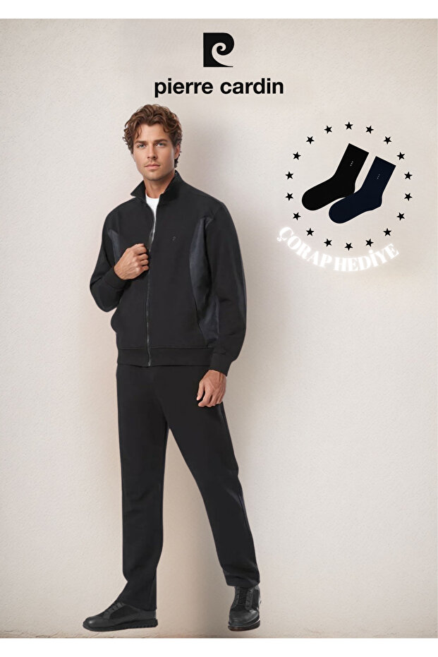 Men's Clothing Stand Collar Zippered & Boxed Black Tracksuit Set Ol.Pc.7000.001