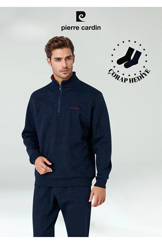 Men's Clothing Half Zipper 100% Cotton Tracksuit Set (Gift Socks)