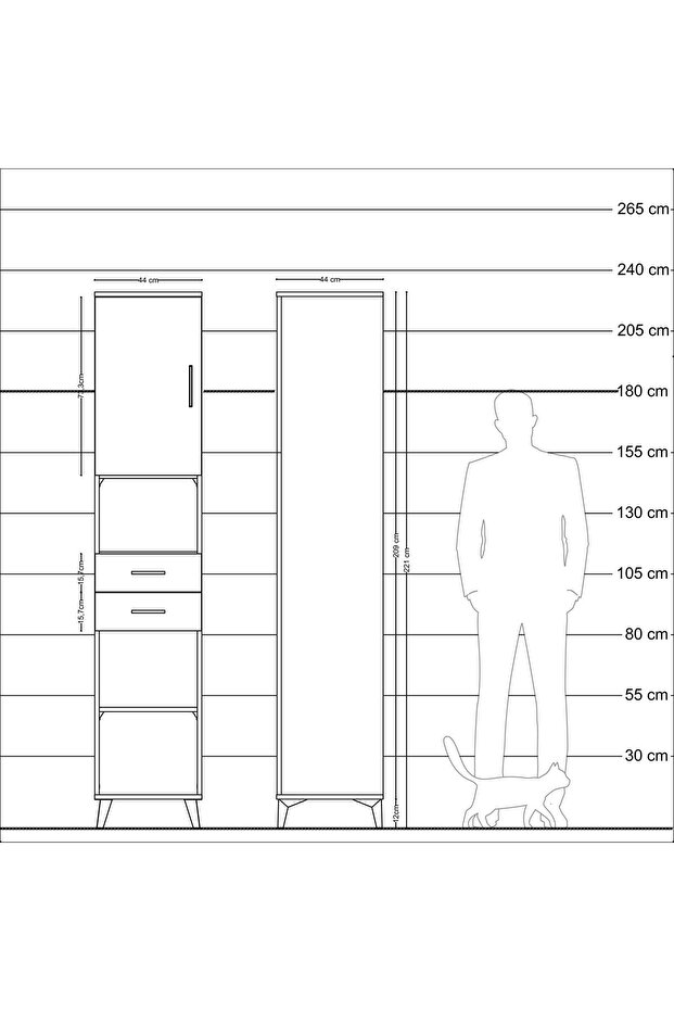 Hyperion Dolap 4 Raflı 2 Çekmeceli Tek Kapaklı 44x44x221 Çam-Çam - 6