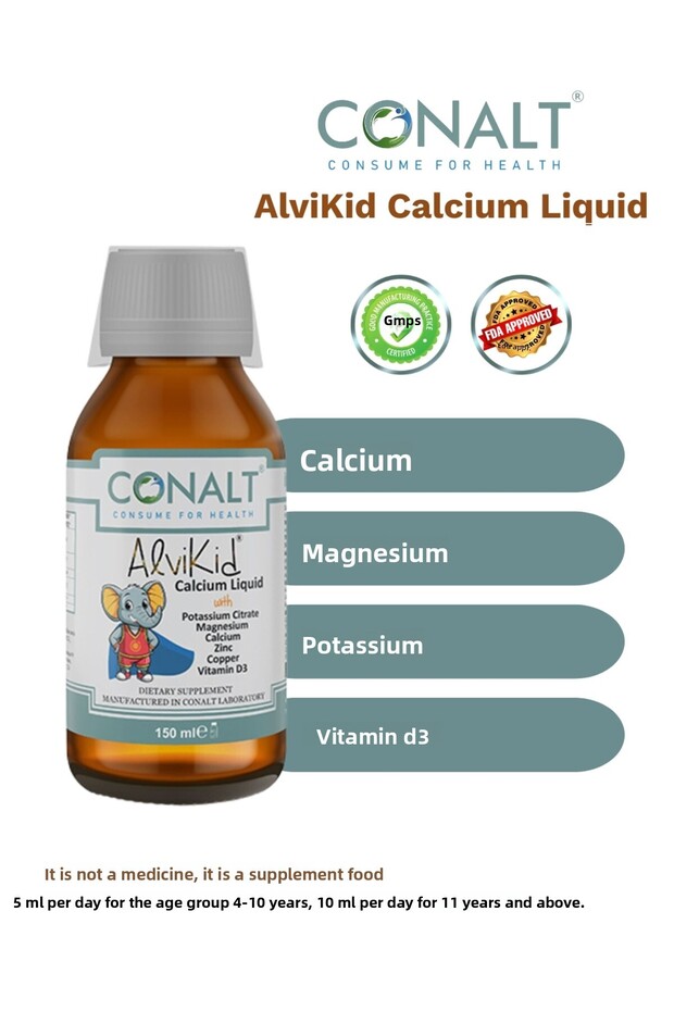 Alvikid Calcium Liquid – Premium Supplement Containing Calcium and Potassium, Specially for Children (150 ml)