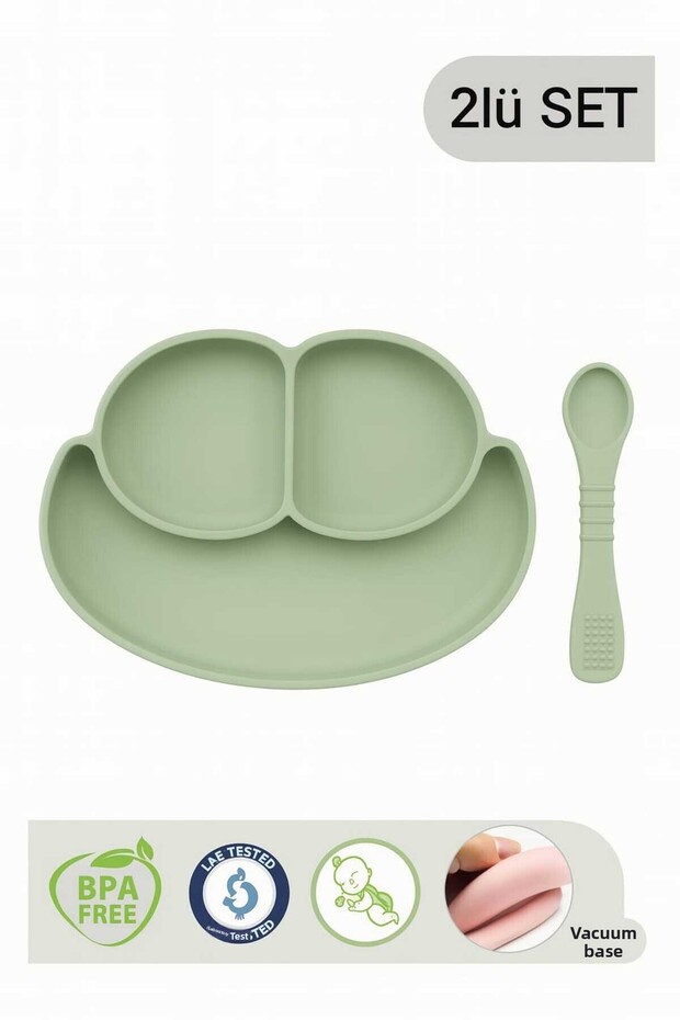 2-Piece Baby Food Set Silicone Mint Green - Vacuumed Compartmented Plate with Teether Feature Spoon