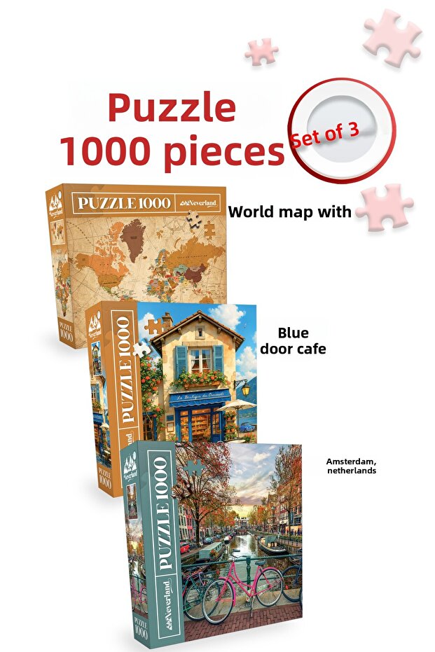 3 Pcs 1000 Piece Puzzle - Amsterdam and Blue Door Coffee Shop and World Map-Ii