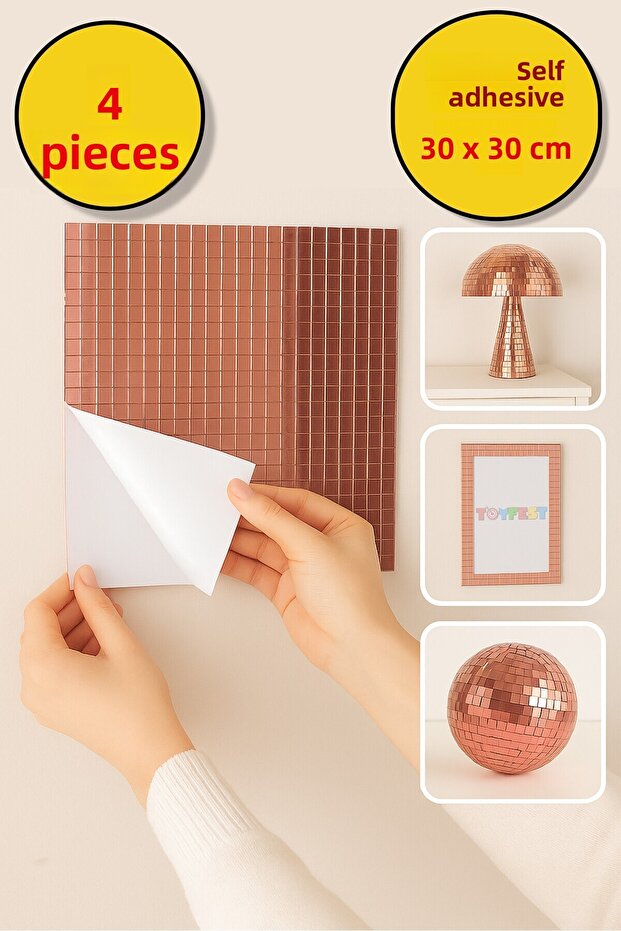 4-Piece Self-Adhesive Rose Mirror Mosaic Disco Sticker Wall Frame Item Decorative Covering 30X30
