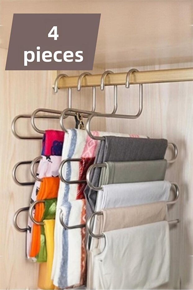 4 Pieces 5-Compartment Metal Clothes Hanger - Clothes Pants Scarf Apparel Wardrobe Organizer