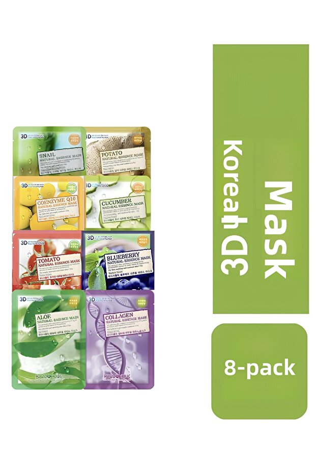 Face Mask 3D Moisturizing Korean Mask Set Fruit Vegetable Extracts Organic Premium 8-Pack Anti-Aging
