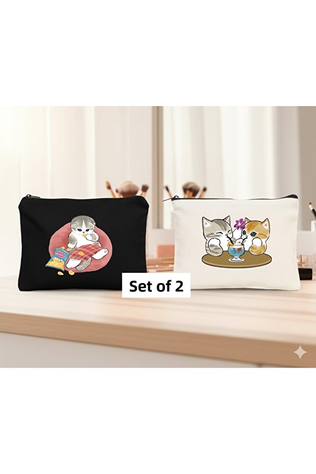 Black Ecru, Makeup Bag Set of 2, Wallet, Pen Holder, Cloth Bag
