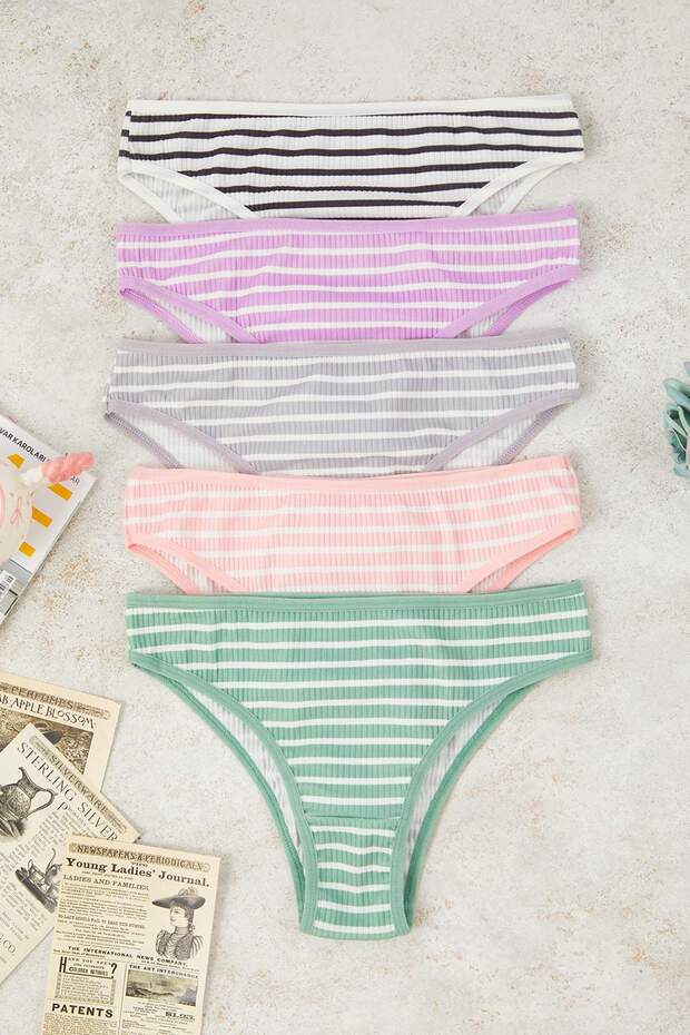 Çok Renkli 5'li Paket Çizgili Fitilli Klasik Örme Külot THMAW26KU00038 - 13