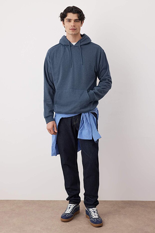 Indigo Oversize/Geniş Kesim Kapüşonlu İçi Polar/Sıcak Tutan Sweatshirt TMNAW23SW00195 - 2