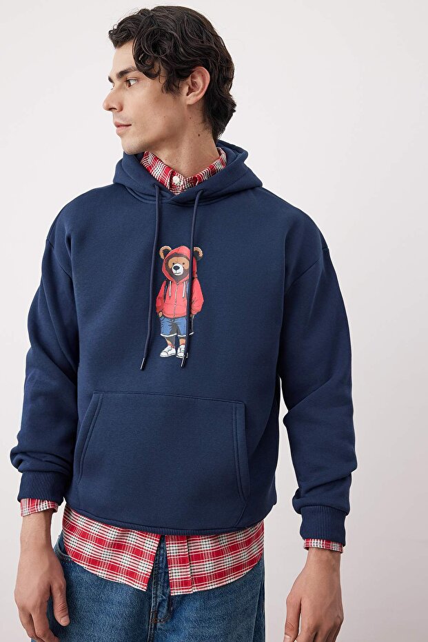 Lacivert Oversize/Geniş Kesim İçi Polar/Sıcak Tutan Pamuk Unisex Sweatshirt TMNAW22SW1462 - 1