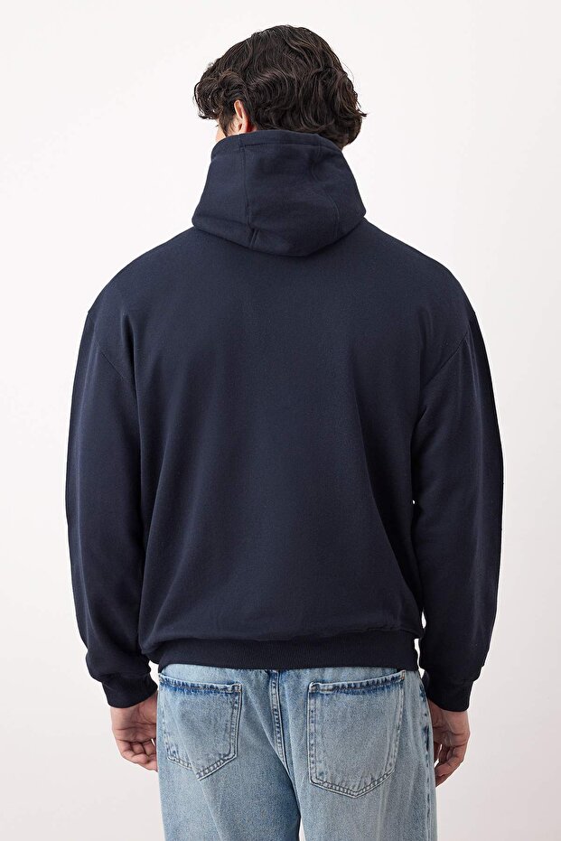 Lacivert Oversize/Geniş Kesim Fermuarlı Sıcak Tutan Kapüşonlu Sweatshirt-Hırka TMNAW24SW00049 - 4