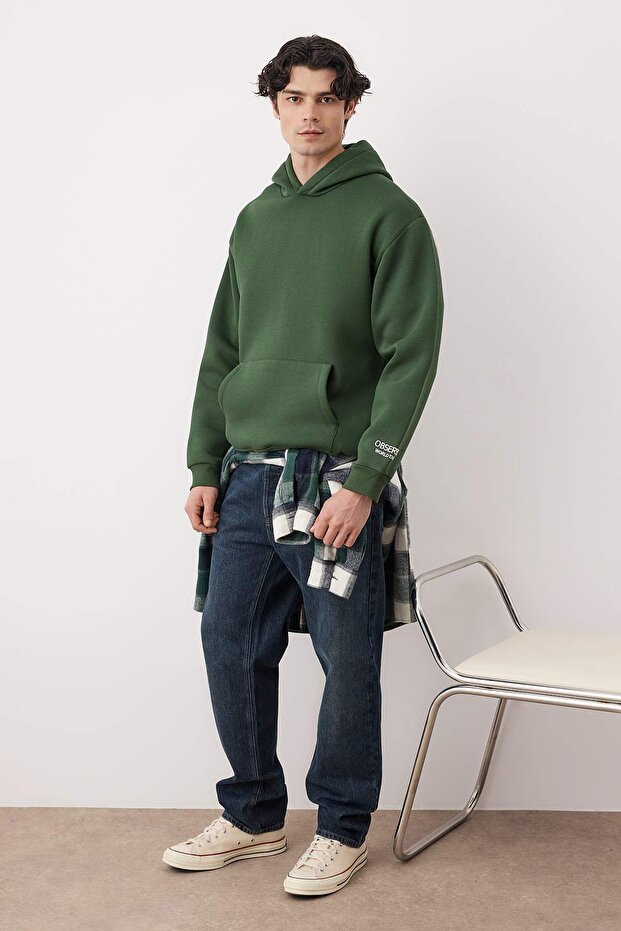 Haki Kapüşonlu Oversize/Geniş Kesim Nakışlı Etiketli Yumuşak Kumaş Sweatshirt TMNAW24SW00031 - 2