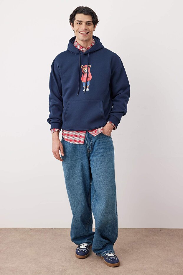 Lacivert Oversize/Geniş Kesim İçi Polar/Sıcak Tutan Pamuk Unisex Sweatshirt TMNAW22SW1462 - 2