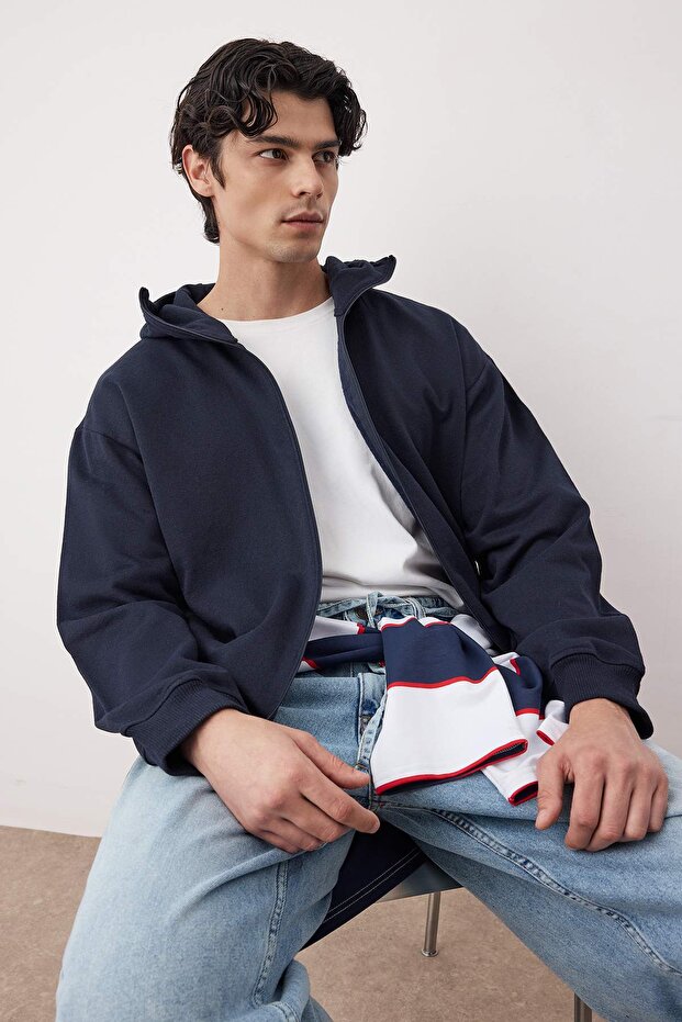 Lacivert Oversize/Geniş Kesim Fermuarlı Sıcak Tutan Kapüşonlu Sweatshirt-Hırka TMNAW24SW00049 - 1