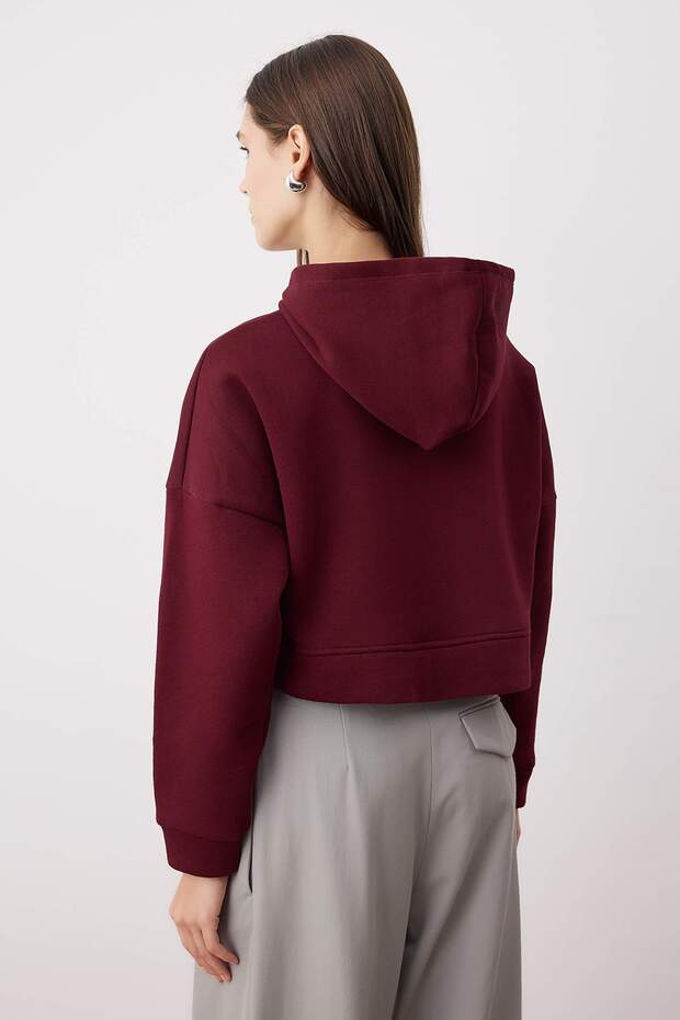 Bordo Fermuarlı Kapüşonlu Rahat Kesim Crop Kalın İçi Polarlı Örme Sweatshirt TWOAW20SW0660 - 4