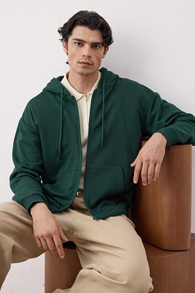 Koyu Yeşil Oversize/Geniş Kesim Fermuarlı Basic Şardonsuz Sweatshirt-Hırka TMNAW22SW0620 - 1