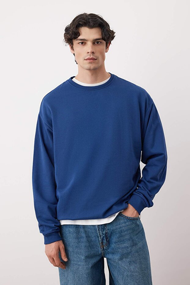 Lacivert-Taş 2'li Paket Oversize/Geniş Kesim İçi Polar/Sıcak Tutan Sweatshirt TMNAW24SW00001 - 5