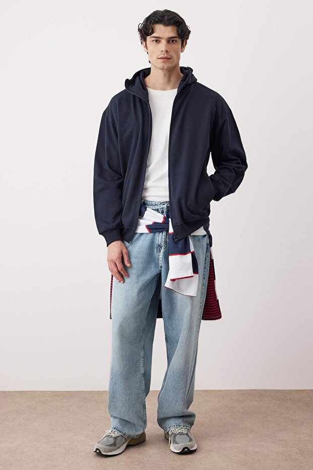 Lacivert Oversize/Geniş Kesim Fermuarlı Sıcak Tutan Kapüşonlu Sweatshirt-Hırka TMNAW24SW00049 - 2