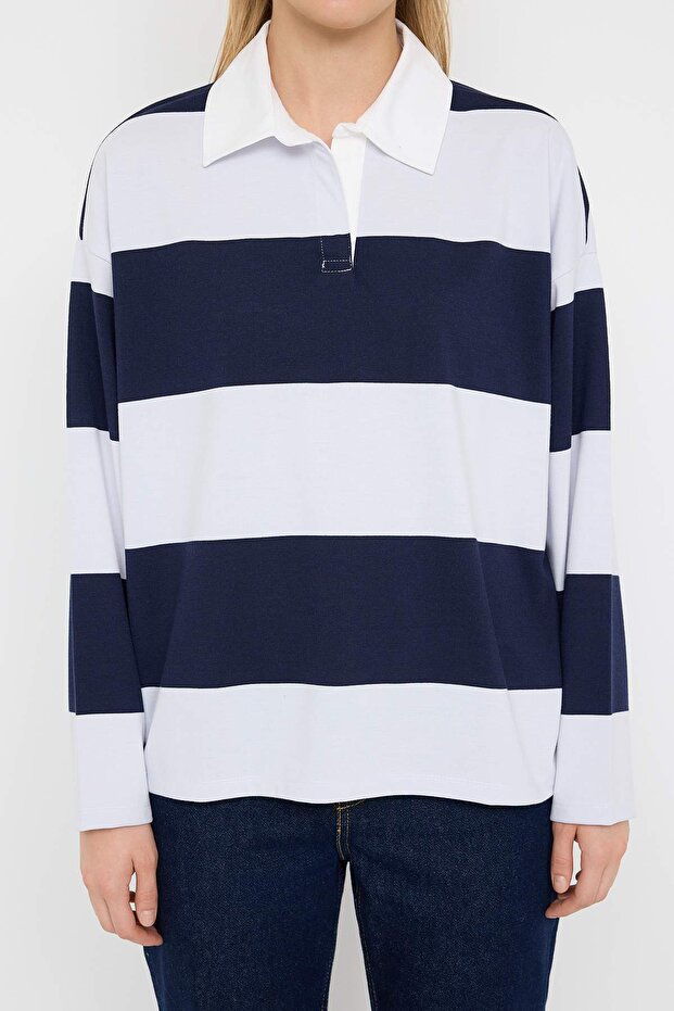 Lacivert Çizgili Polo Yaka Oversize/Geniş Kalıp Örme Sweatshirt TWOAW26SW00051 - 3