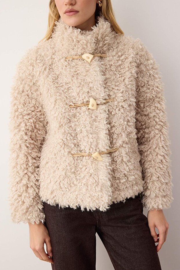 Ecru Regular Fit Shepherd Closure Fur Coat TWOAW26MO00019 - 4