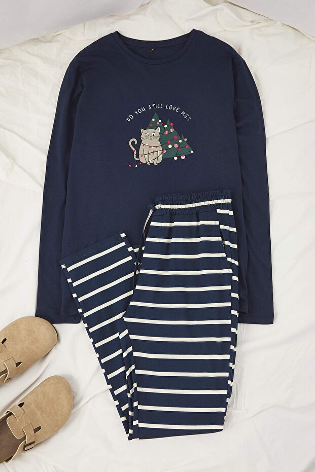 Lacivert Regular Yılbaşı Couple/Çift Örme Pijama Takımı TMNAW25PT00045 - 2
