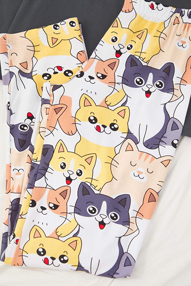 Antrasit Kedi Desenli Pamuklu Likralı Yumuşak Tuşe Örme Pijama Takımı THMAW26PT00167 - 6