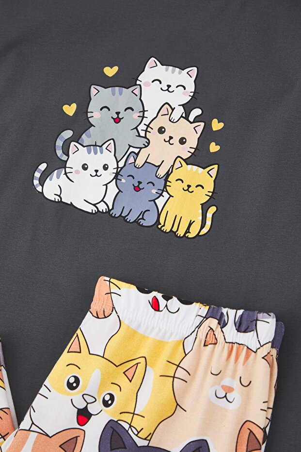 Antrasit Kedi Desenli Pamuklu Likralı Yumuşak Tuşe Örme Pijama Takımı THMAW26PT00167 - 7