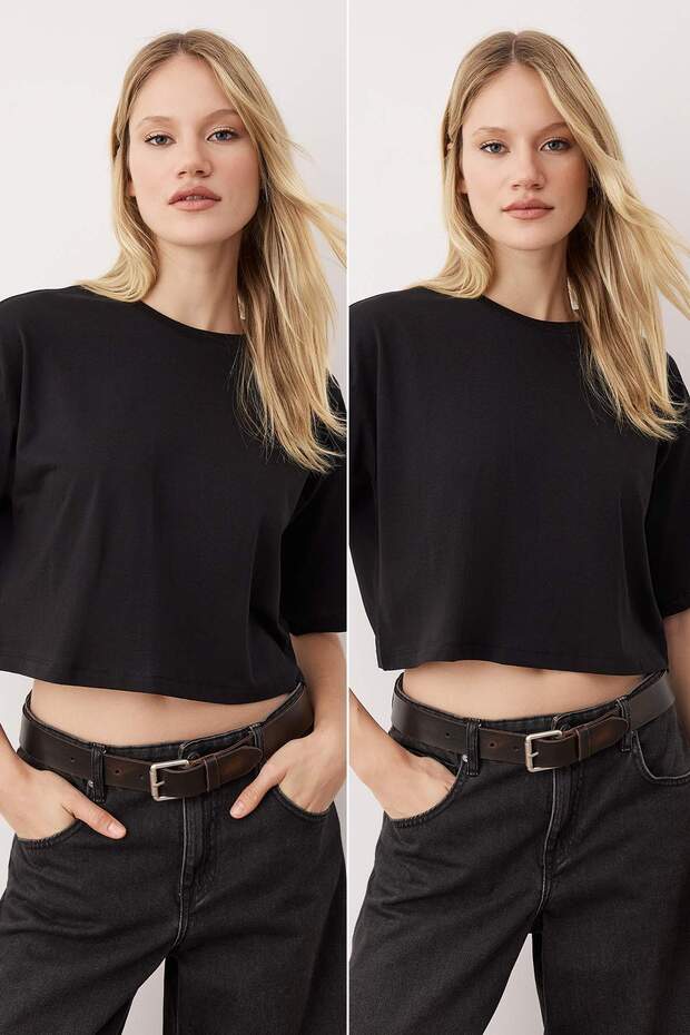 Siyah-Siyah 2'li Paket %100 Pamuk Relax/Rahat Kesim Crop Örme T-Shirt TWOSS24TS00224 - 1
