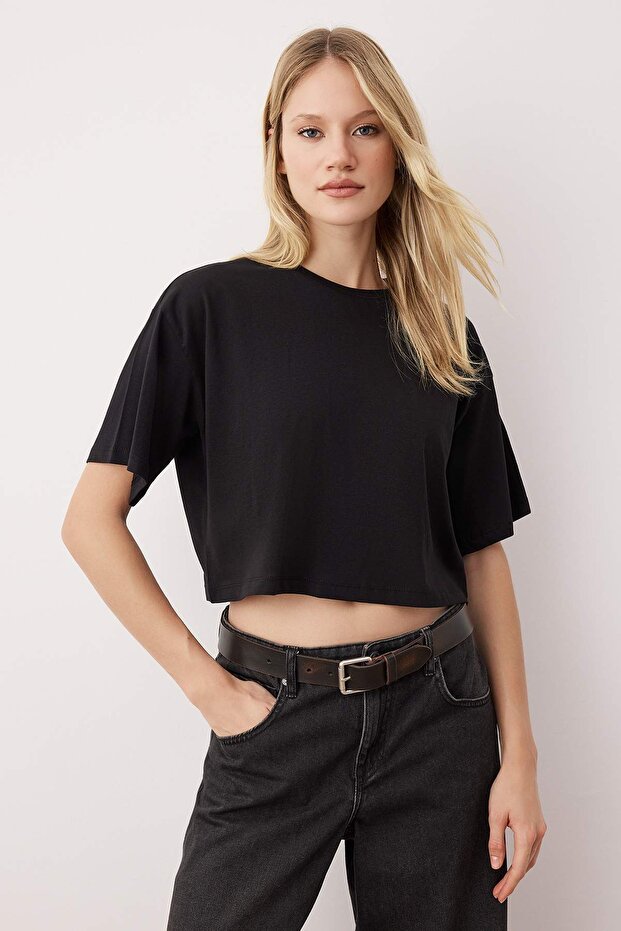 Siyah-Siyah 2'li Paket %100 Pamuk Relax/Rahat Kesim Crop Örme T-Shirt TWOSS24TS00224 - 3