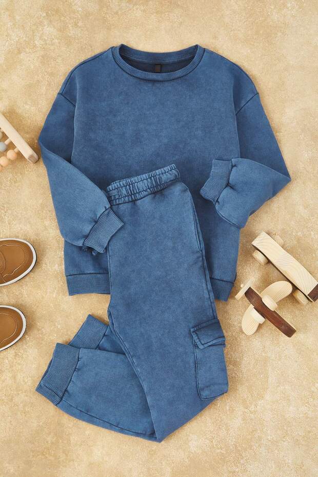 Indigo Soluk Efektli Oversize Unisex Çocuk Örme Alt - Üst Takım TKDAW26AU00060 - 2