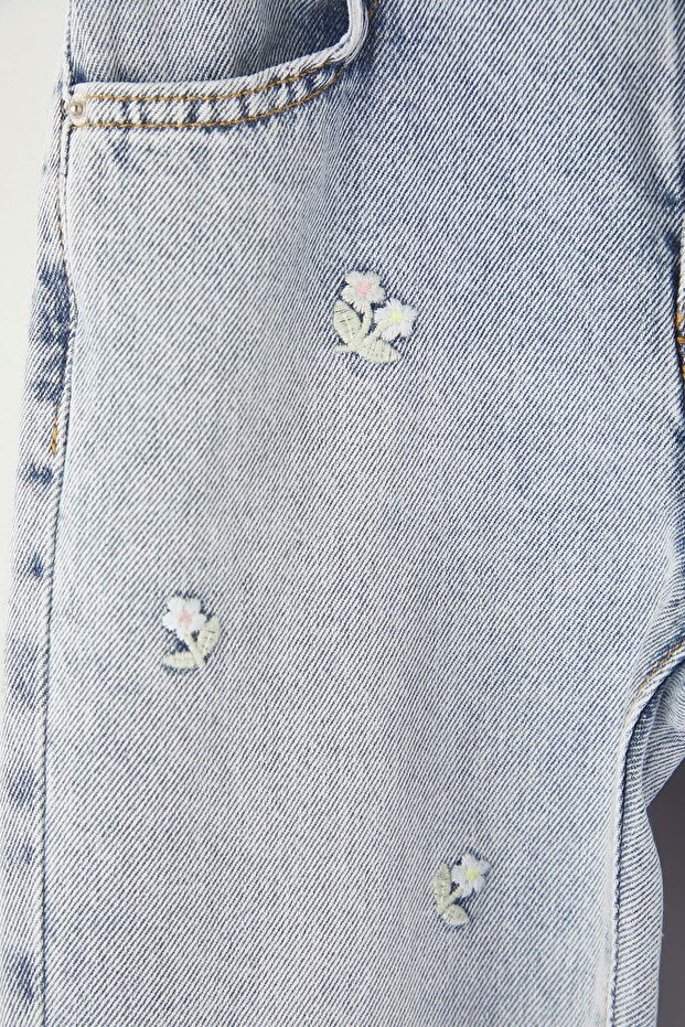 Mavi 100% Pamuk Çiçekli Nakışlı/İşlemeli Kız Çocuk Denim Jeans TKDAW26JE00011 - 3
