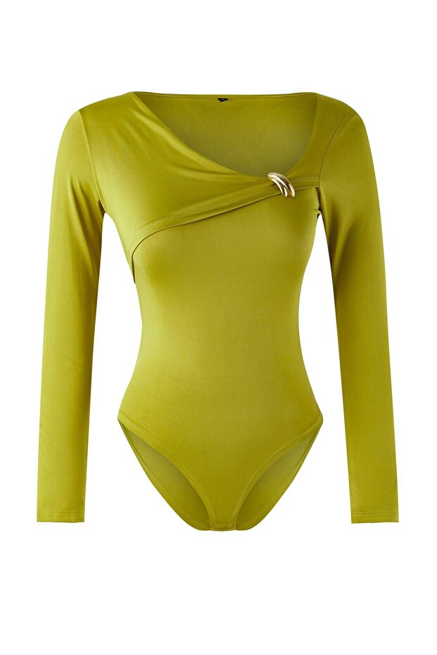 Yağ Yeşil Fitted/Vücuda Oturan Aksesuar Detaylı Çıtçıtlı Esnek Örme Body TWOAW26BD00004 - 5