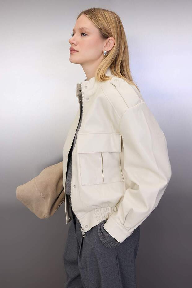 Ekru Oversize Kalıp Suni Deri Bomber İnce Ceket Mont TWOAW26MO00001 - 2