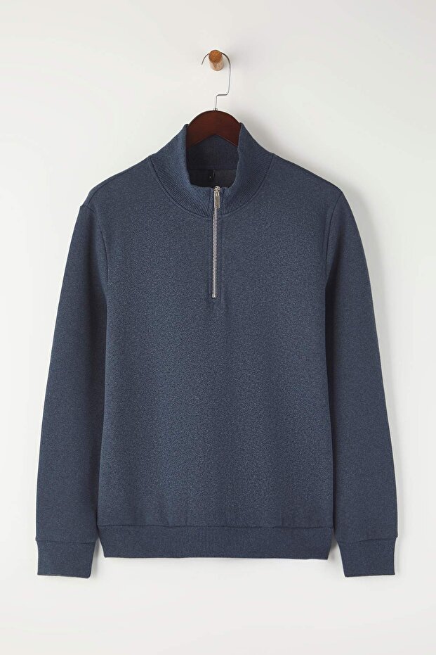 Indigo Regular/Normal Kesim Dik Yaka Kalın İçi Polarlı Sweatshirt TMNAW26SW00021 - 1