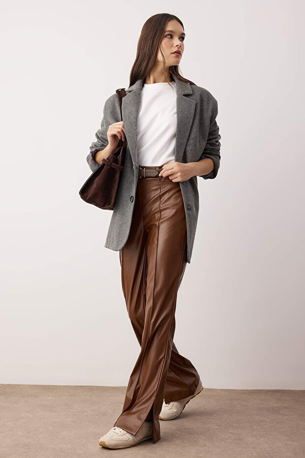 Kahverengi Suni Deri Flare Bootcut Pantolon TWOAW26PL00082 - 2