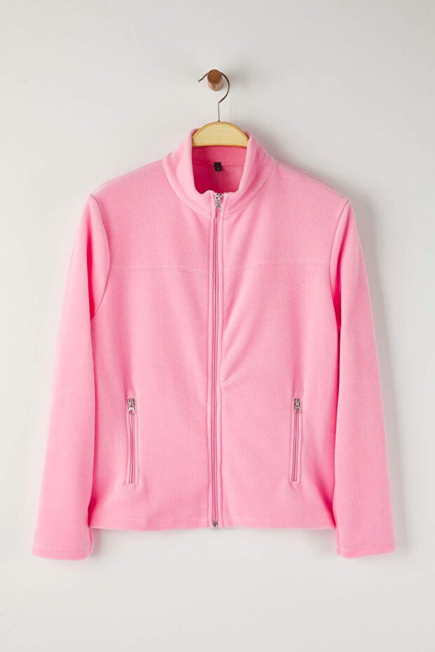 Pembe Polar Düz Dik Yaka Cepli Fermuarlı Regular/Normal Kesim Örme Sweatshirt TWOAW26SW00005 - 5