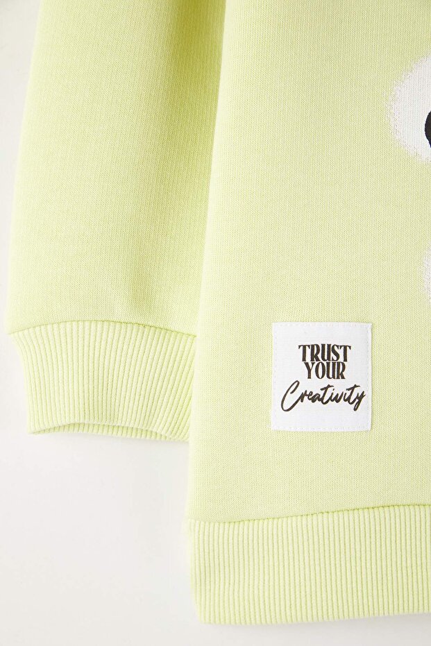 Sarı Pamuklu Baskılı Kapüşonlu Oversize Örme Kalın/İçi Polarlı Unisex Sweatshirt TKDAW26SW00045 - 5