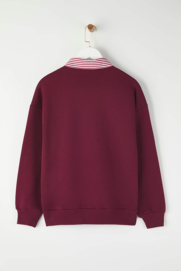 Bordo Dokuma Garni Detaylı Oversize Kalıp Polo Yaka Kalın içi Polarlı Örme Sweatshirt TWOAW26SW00116 - 6