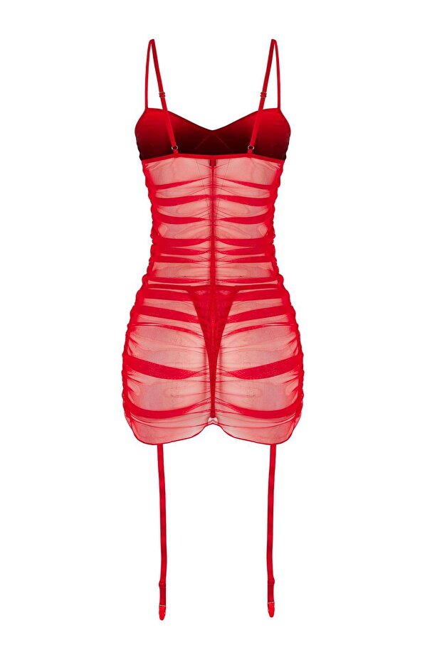 Kırmızı Jartiyerli Saten ve Tül Sırt Transparan Külotlu Babydoll/Fantezi Gecelik THMAW26LL00002 - 8