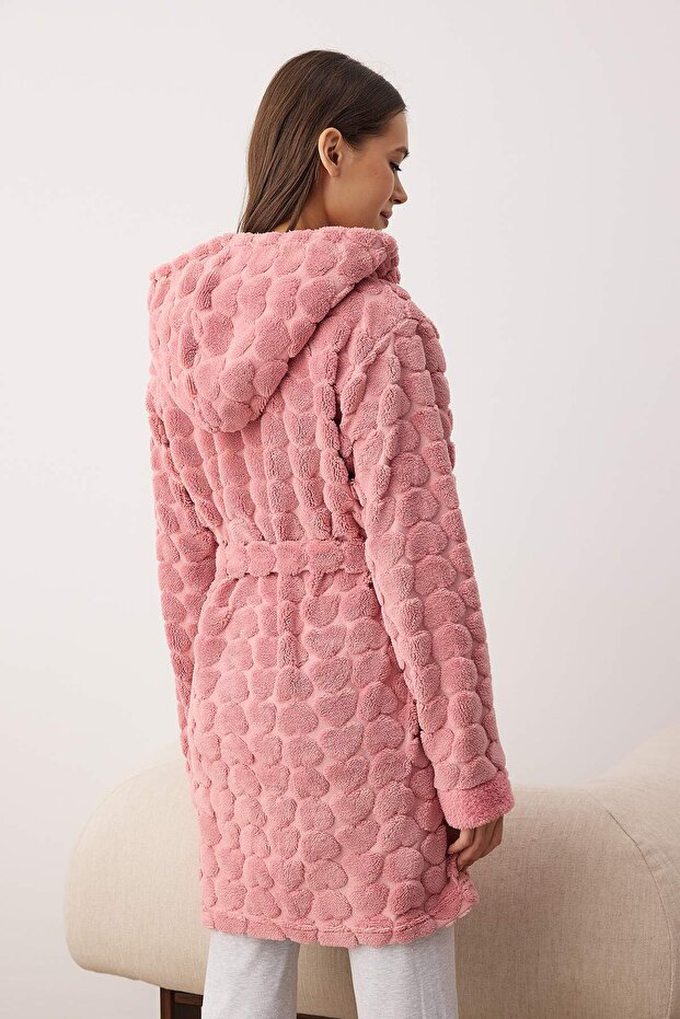 Pembe Kuşaklı Kalpli Polar Kışlık Örme Sabahlık THMAW24SB00002 - 6